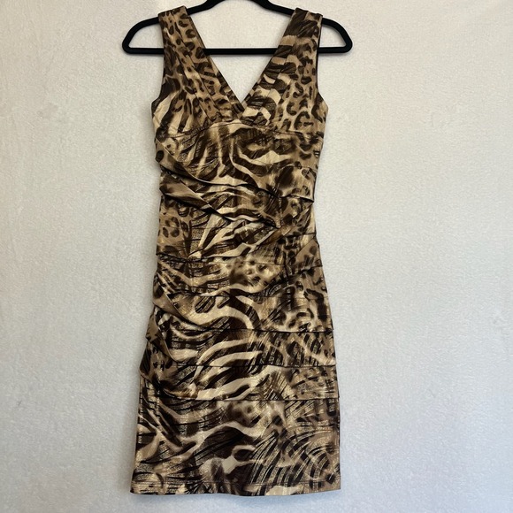 XXI Dresses & Skirts - Animal Leopard Print Dress Brown Tan Gold Sleeveless V-Neck Party Cocktail M